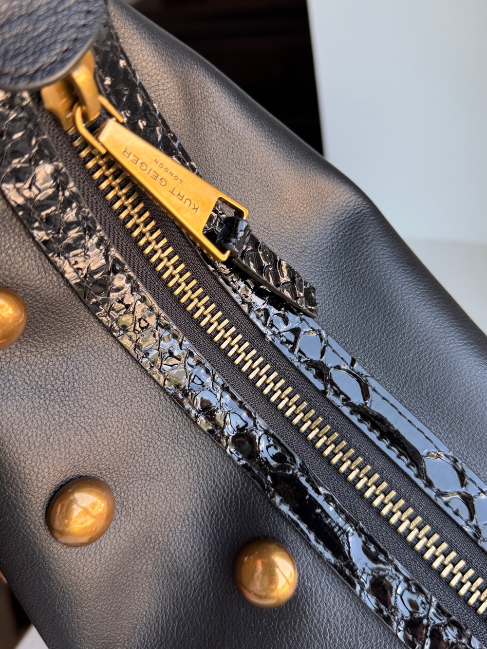 Kurt Geiger London Chelsea Black & Gold Statement Studded Leather Shoulder Bag - Picture 10 of 15